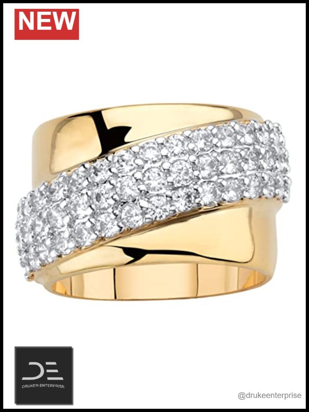 14k Gold-Plated Round Cubic Zirconia Diagonal Ring, Size 9